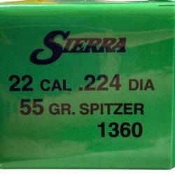 Ogives SIERRA calibre 22 diam 224 55gr SPITZER 1360 x100