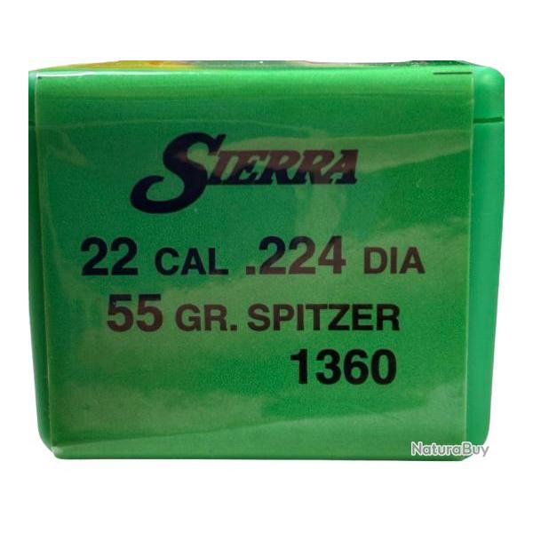Ogives SIERRA calibre 22 diam 224 55gr SPITZER 1360 x100