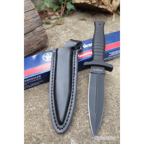 Smith & Wesson Couteau Dague de Botte Lame Acier 7Cr17MoV Spear Point Manche Caoutchouc Etui Cuir