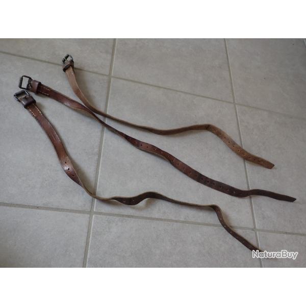Lot de 3 lani�res en cuir. Brellage, paquetage sac � dos. L : 64 � 69 cm