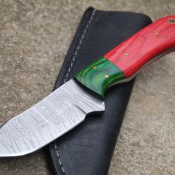 Couteau Skinner Lame Drop Point Acier Damas 256 Couches Manche 2 Bois Etui Cuir Fabric Artisanale