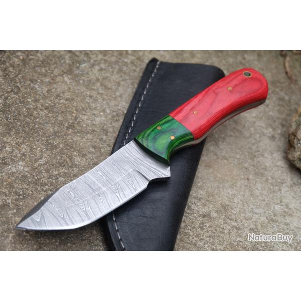Couteau Skinner Lame Drop Point Acier Damas 256 Couches Manche 2 Bois Etui Cuir Fabric Artisanale