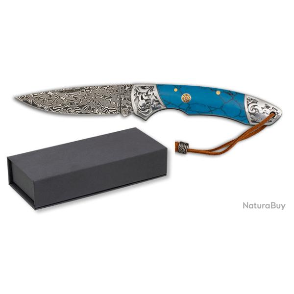 Couteau  DAMASCUS  r�sine bleu  lame de 7.50 cm