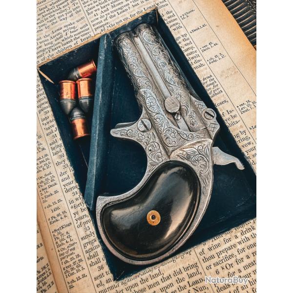 REMINGTON Double Derringer cal. .41rf,  grav� plaqu� argent, L93703 avec BIBLE CACHETTE et holster.