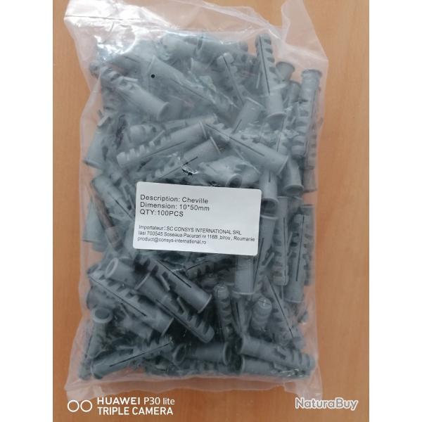100 chevilles crampons 10x50mm neuves sous blister