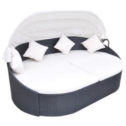 Chaise longue de jardin avec auvent R&eacute;sine tress&eacute;e Noir
