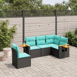 Salon de jardin 5 pcs avec coussins noir r&eacute;sine tress&eacute;e