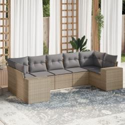 Salon de jardin avec coussins 7 pcs beige r&eacute;sine tress&eacute;e