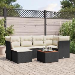Salon de jardin 7 pcs avec coussins noir r&eacute;sine tress&eacute;e