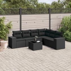 Salon de jardin 7 pcs avec coussins noir r&eacute;sine tress&eacute;e