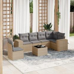 Salon de jardin avec coussins 7 pcs beige r&eacute;sine tress&eacute;e