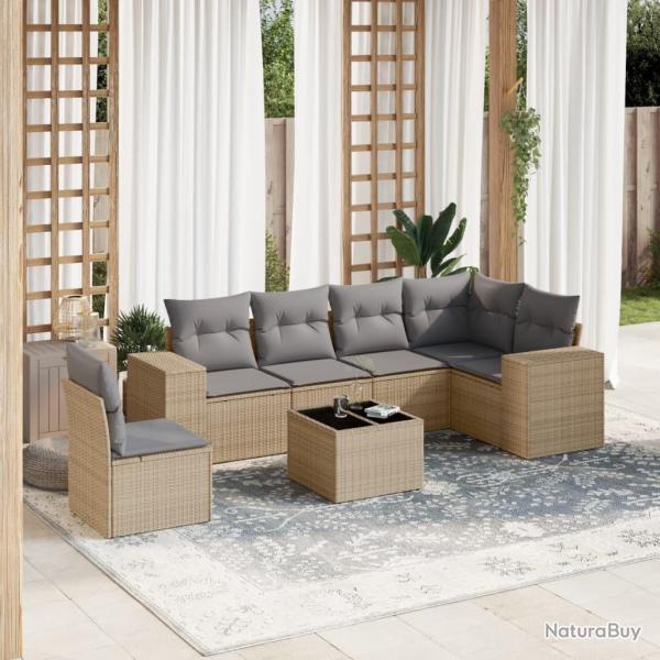 Salon de jardin avec coussins 7 pcs beige r�sine tress�e