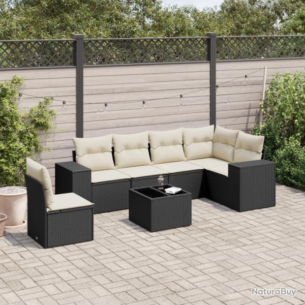 Salon de jardin 7 pcs avec coussins noir r�sine tress�e