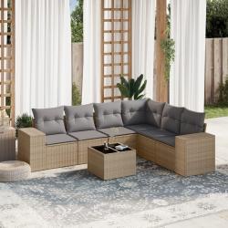 Salon de jardin avec coussins 7 pcs beige r&eacute;sine tress&eacute;e