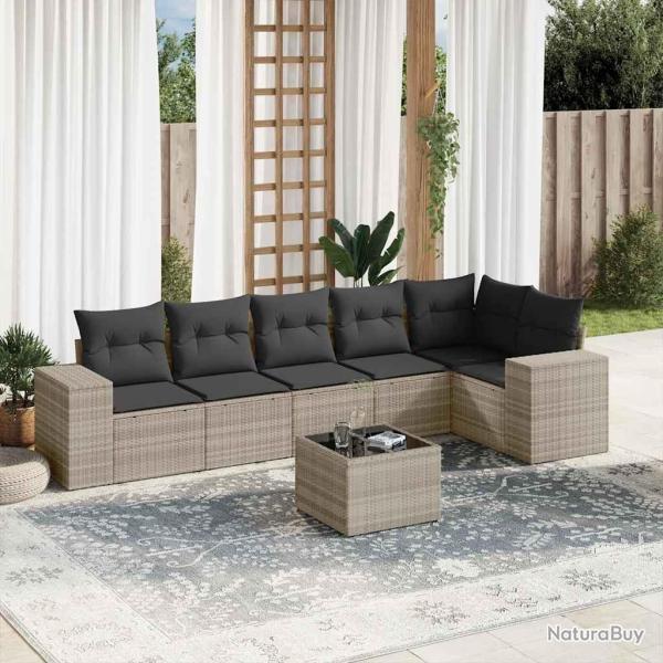 Salon de jardin avec coussins 7 pcs gris clair r�sine tress�e