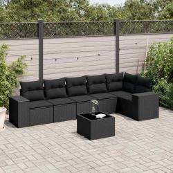 Salon de jardin 7 pcs avec coussins noir r&eacute;sine tress&eacute;e