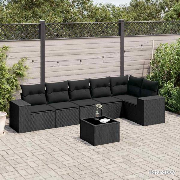 Salon de jardin 7 pcs avec coussins noir r�sine tress�e