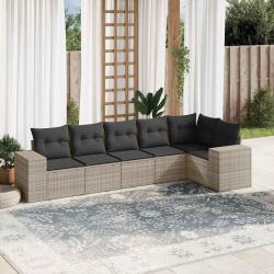 Salon de jardin 6 pcs avec coussins gris clair r&eacute;sine tress&eacute;e