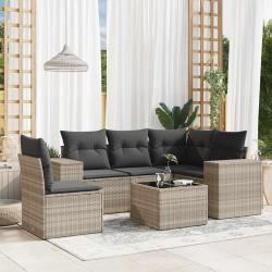 Salon de jardin 6 pcs avec coussins gris clair r&eacute;sine tress&eacute;e