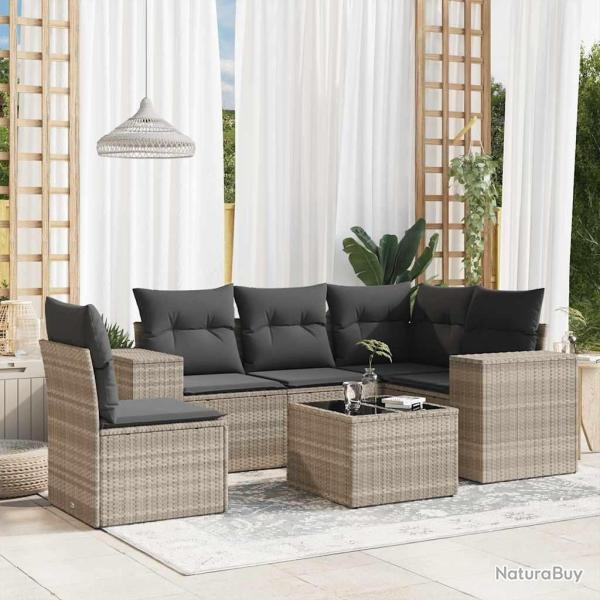 Salon de jardin 6 pcs avec coussins gris clair r�sine tress�e