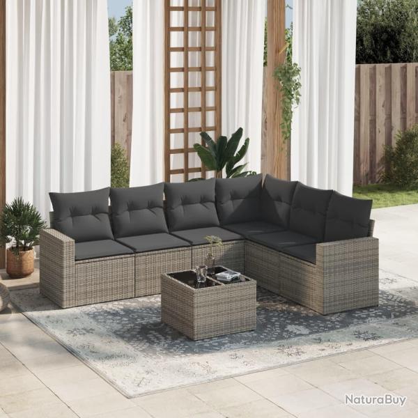 Salon de jardin avec coussins 7 pcs gris r�sine tress�e