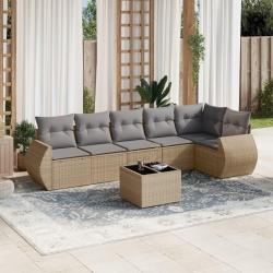Salon de jardin avec coussins 7 pcs beige r&eacute;sine tress&eacute;e