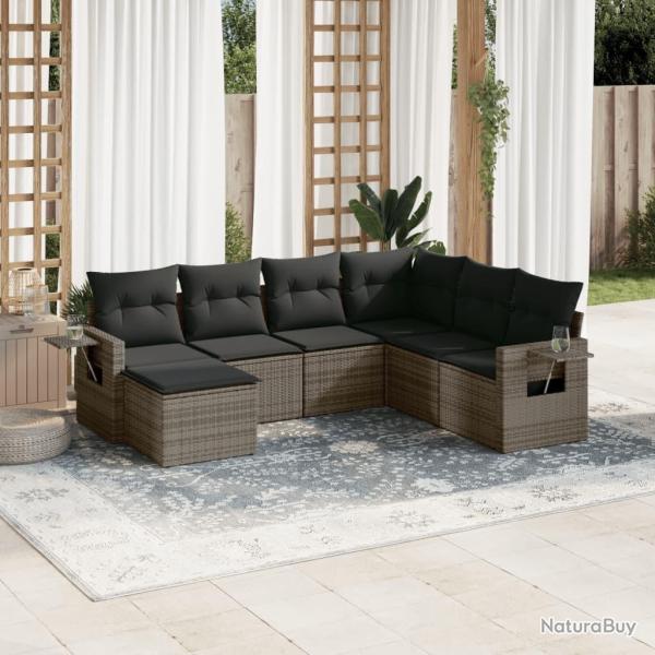 Salon de jardin avec coussins 7 pcs gris r�sine tress�e