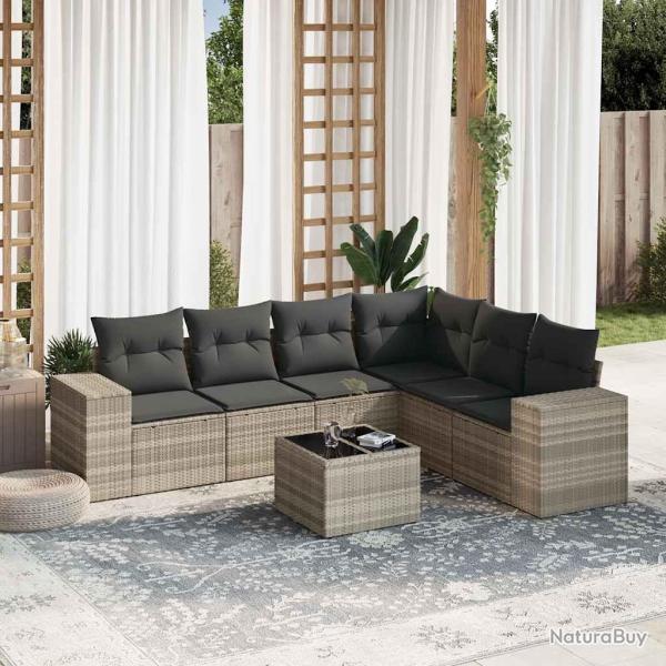 Salon de jardin avec coussins 7 pcs gris clair r�sine tress�e