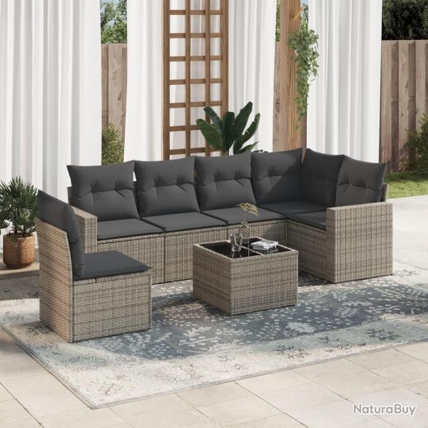 Salon de jardin avec coussins 7 pcs gris r�sine tress�e