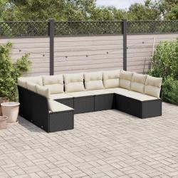 Salon de jardin 9 pcs avec coussins noir r&eacute;sine tress&eacute;e