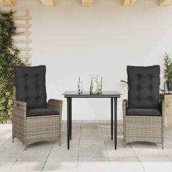 Ensemble &agrave; manger de jardin 3 pcs coussins gris r&eacute;sine tress&eacute;e