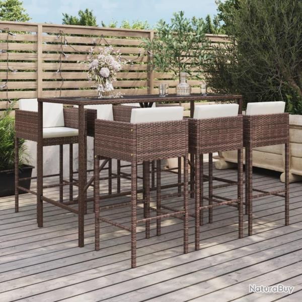 Ensemble de bar de jardin avec coussins 7 pcs marron poly rotin