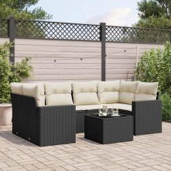 Salon de jardin 7 pcs avec coussins noir r&eacute;sine tress&eacute;e
