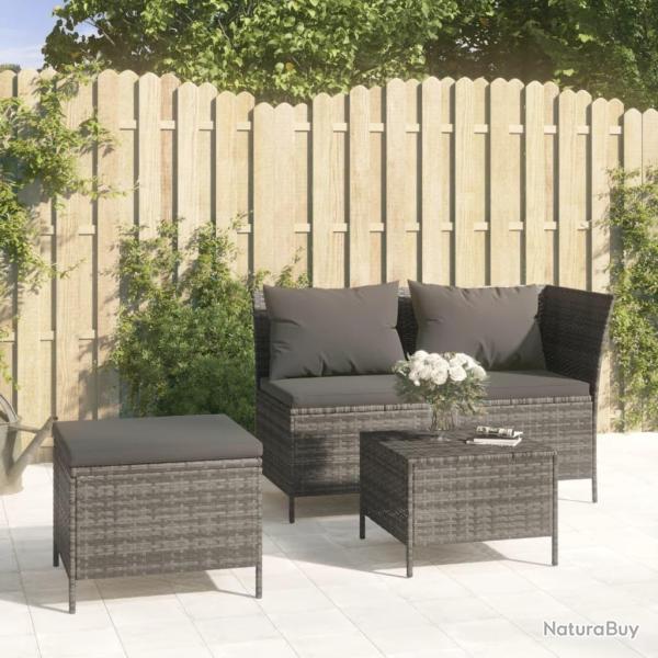 Salon de jardin 3 pcs avec coussins Gris R�sine tress�e