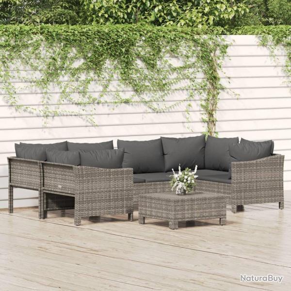 Salon de jardin 7 pcs avec coussins Gris R�sine tress�e