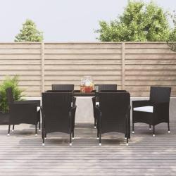 Ensemble &agrave; manger de jardin coussins 7pcs Noir R&eacute;sine tress&eacute;e