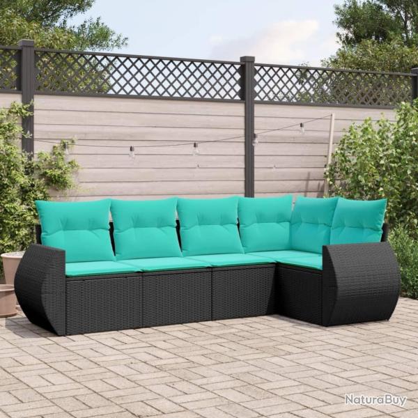 Salon de jardin 5 pcs avec coussins noir r�sine tress�e