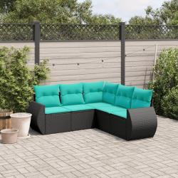 Salon de jardin 5 pcs avec coussins noir r&eacute;sine tress&eacute;e