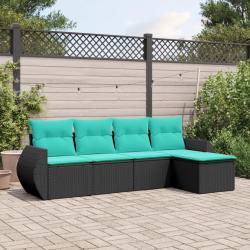 Salon de jardin 5 pcs avec coussins noir r&eacute;sine tress&eacute;e