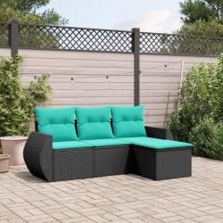 Salon de jardin 4 pcs avec coussins noir r&eacute;sine tress&eacute;e