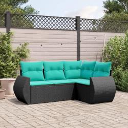 Salon de jardin 4 pcs avec coussins noir r&eacute;sine tress&eacute;e