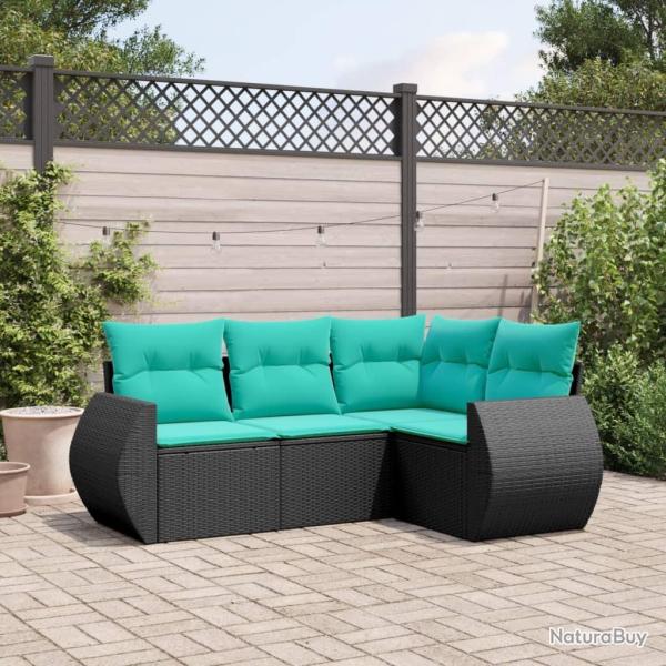 Salon de jardin 4 pcs avec coussins noir r�sine tress�e