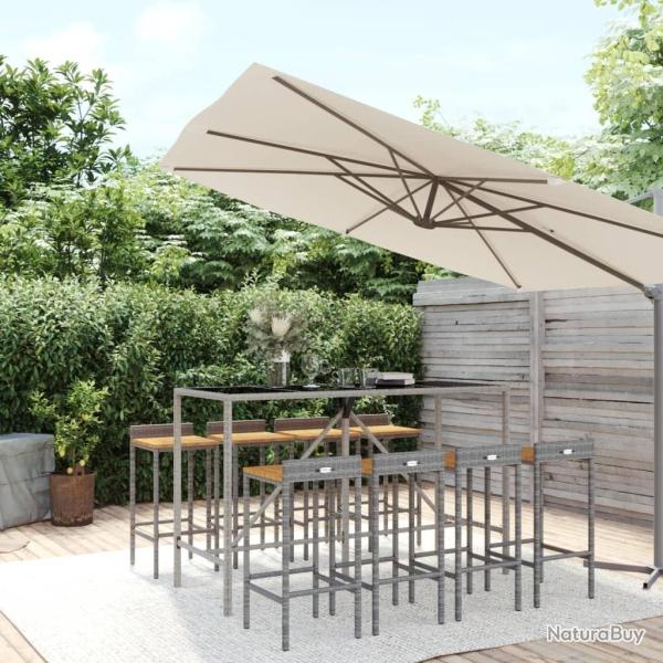 Ensemble de bar jardin 9 pcs gris poly rotin/bois massif acacia