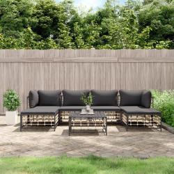 Salon de jardin 7 pcs avec coussins anthracite r&eacute;sine tress&eacute;e