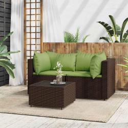 Salon de jardin 3 pcs avec coussins marron r&eacute;sine tress&eacute;e