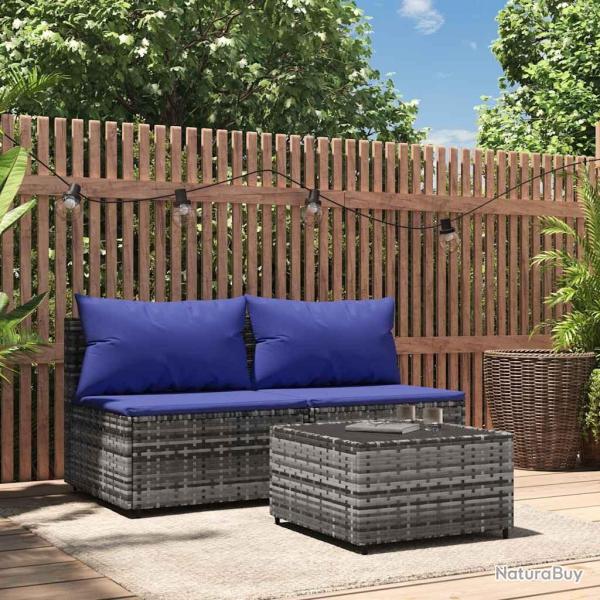 Salon de jardin 3 pcs avec coussins Gris R�sine tress�e