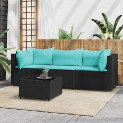 Salon de jardin 4 pcs avec coussins Noir R&eacute;sine tress&eacute;e