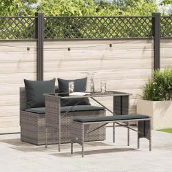 Ensemble &agrave; manger de jardin 3 pcs coussins gris r&eacute;sine tress&eacute;e