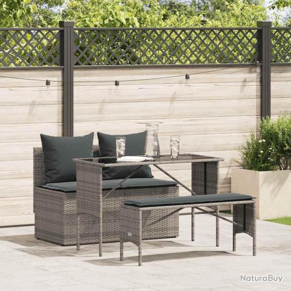 Ensemble � manger de jardin 3 pcs coussins gris r�sine tress�e