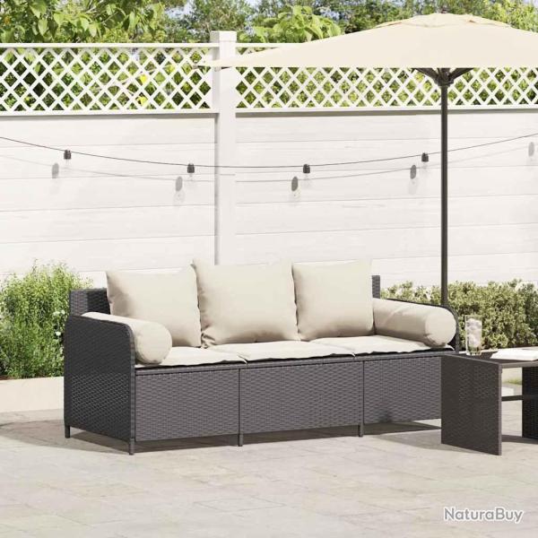 Canap� de jardin avec coussins 3 places noir r�sine tress�e